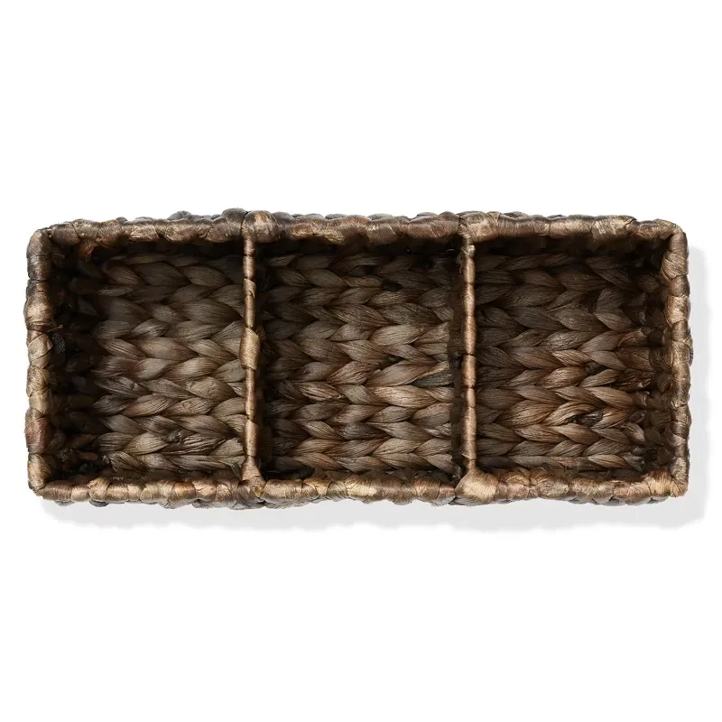 Casafield Set of 2 Water Hyacinth Basket Organizers with 4 Sections, Espresso - Woven Storage Bins for Bathroom, Laundry, Pantry, Office, Shelves