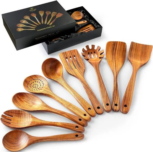 AIUHI Wooden Spoons for Cooking Teak Wooden Utensils Set Wood Spatula for Nonstick Cookware Kitchen Utensils Set 5