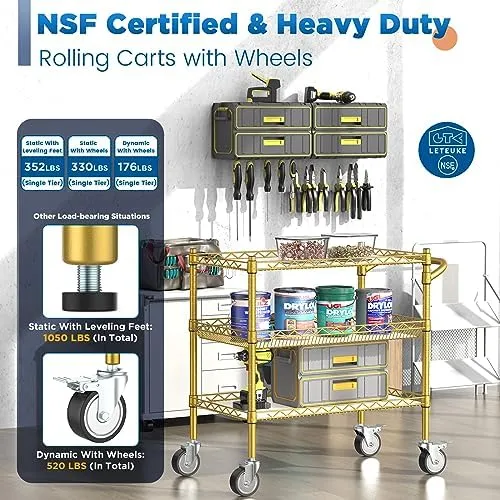 Leteuke 3 Tier Rolling Carts with Wheels,990Lbs Heavy Duty Rolling Utility Cart,NSF Commercial Grade Metal Cart with Handle&Shelf Liner,Trolley Serving Cart for Kitchen,Restaurant,Plant Display,Gold