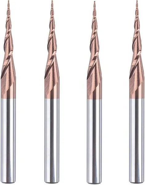 Spetool 4Pcs Tapered Ball Nose End Mill 1/4" Shank with 1.0mm Diameter (0.5mm Radius) Ball tip 4.82 Deg for CNC Router 3D Engraver Carving Bits