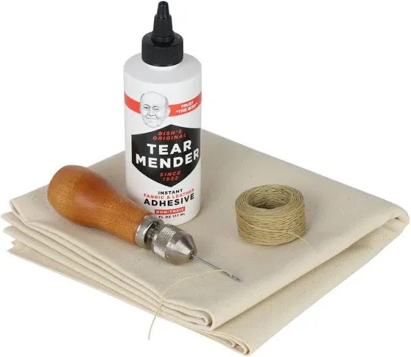 Complete Repair Kit for Canvas Tents, Pop-Up Campers, Tarps, Marine and Boat Covers | with 6oz Tear Mender Glue, Speedy Stitcher Sewing Awl/Needles, Over 6 Sq Ft of Canvas and 30 Yards of Waxed Thread