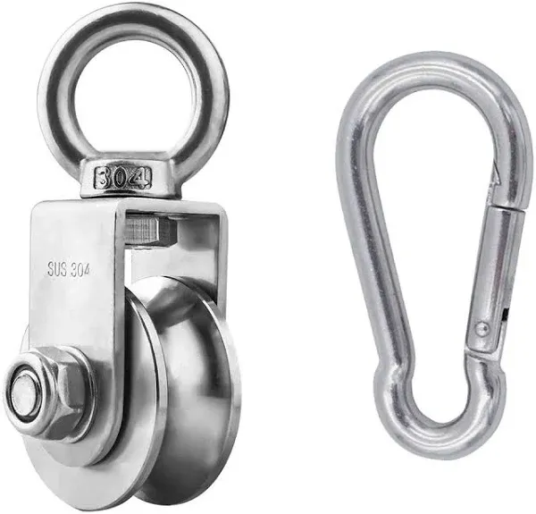 Penkwiio Single Pulley Block 360 Degree Rotation Traction Wheel Stainless Steel Swivel Hook & Carabiner Heavy Duty for Washing Line/Rope Loading