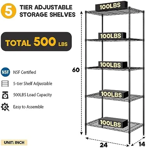 PayLessHere Shelves Shelf Wire Shelving Heavy Duty Storage 5 Tier Shelves with Adjustable Height Sturdy Steel Construction Certified by NSF Maximum 1250lbs Capacity Easy Assembly (Black, 24×14×60)