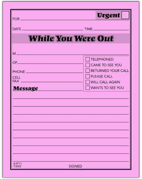 4 Adams &#034; While You Were Out&#034; 50 Sheet Pink Message Pads