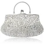 SSMY Beaded Sequin Design Flower Evening Purse Large Clutch Bag (Silver)