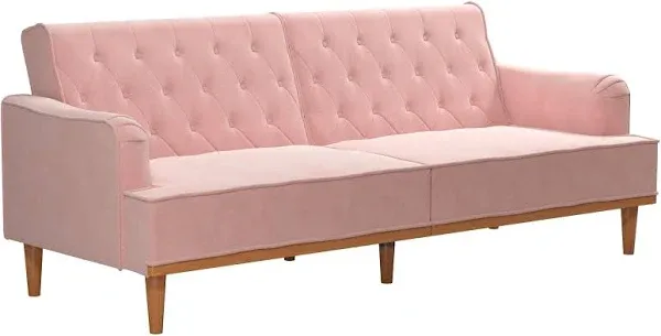 Mr. Kate Stella 80 Inch Futon Sofa Bed in Velvet Fabric, Modern Upholstered Couch Sleeper with Button Tufted Back and Wood Trim, Pink