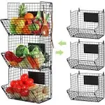 Metal Wire Basket Wall Mount, 3 Tier Wall Storage Basket Organizer with Hanging 