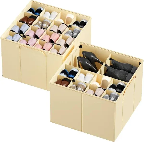 SpaceAid Foldable Shoe Organizer for Closet 2-Pack Storage Bins with Adjustable Dividers