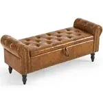 Storage Ottoman Bench, Leather Bench End of Bed Bench with Solid Wood Legs Uphol