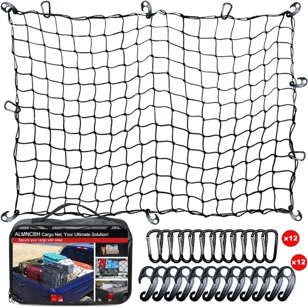 Cargo Net for Pickup Truck Bed - 4' x 6' Stretches to 8' x 12' Latex Bungee Net Mesh with 12 Clips, Truck Bed Accessories for Dodge RAM, Ford, Chevy, Toyota for SUVs, Cars and Trucks