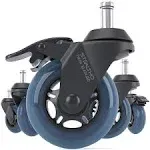 Replacement Caster Wheels Set of 5 Office Chair 2 Brakes Blue Polyurethane Quiet