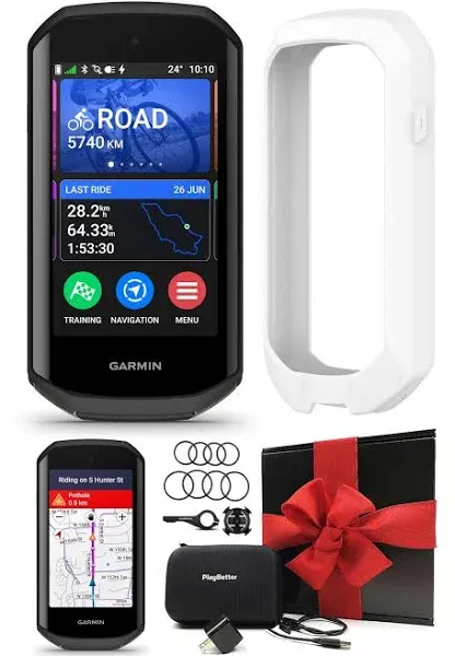 Garmin Edge 1050 Premium Cycling Computer Gift Box Bundle - Color Touchscreen, Built-in Speaker, Group Ride, Road Alerts with PlayBetter Silicone Case (White), Screen Protectors, Wall Adapter & Case