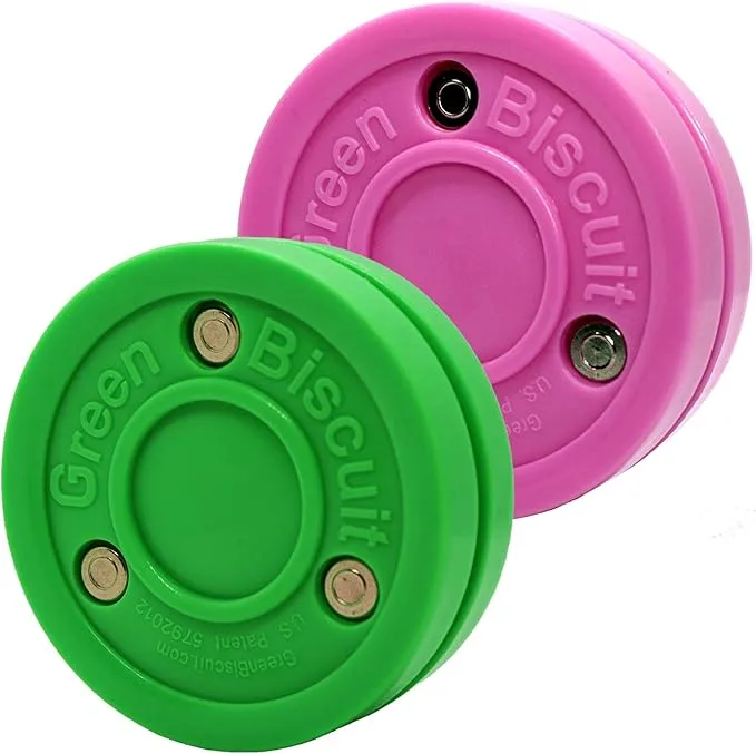 Green Biscuit Hockey Pucks 2 Pack - Green and Pink Passer Street Pucks/Free GB Sticker/Package may vary