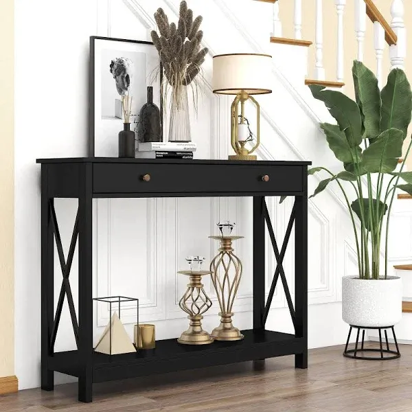 Console Table with Drawer and Storage Shelves, Foyer Sofa Table Narrow for Entryway Everly Quinn Color: Black