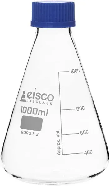 1000ml Glass Erlenmeyer Flask with PTFE Lined Screw Cap, Borosilicate 3.3 Glass - Eisco Labs, White CH0430F