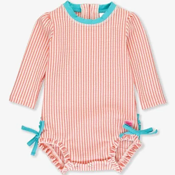 RuffleButts Baby/Toddler Girls Seersucker Long Sleeve One Piece Rash Guard Swimsuit with UPF 50+ Sun Protection