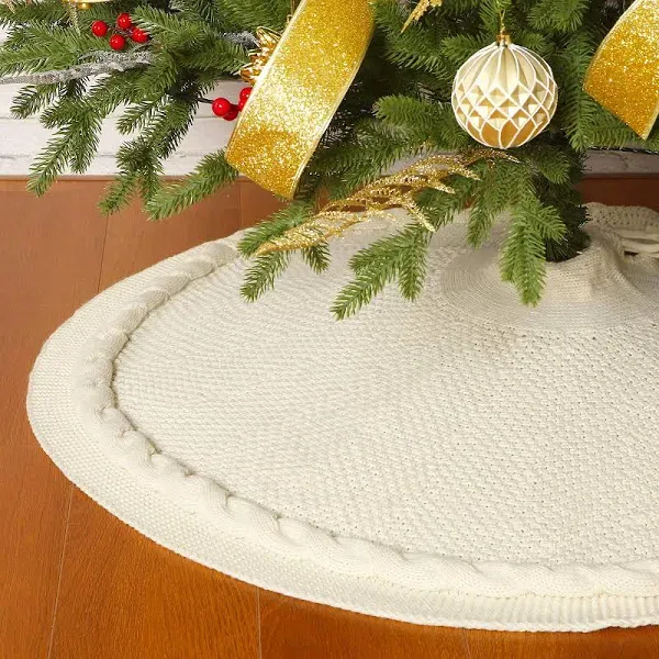 Sattiyrch Christmas Tree Skirt 48 Inches Luxury Cable Knit Knitted Thick Rustic Xmas Holiday Decoration