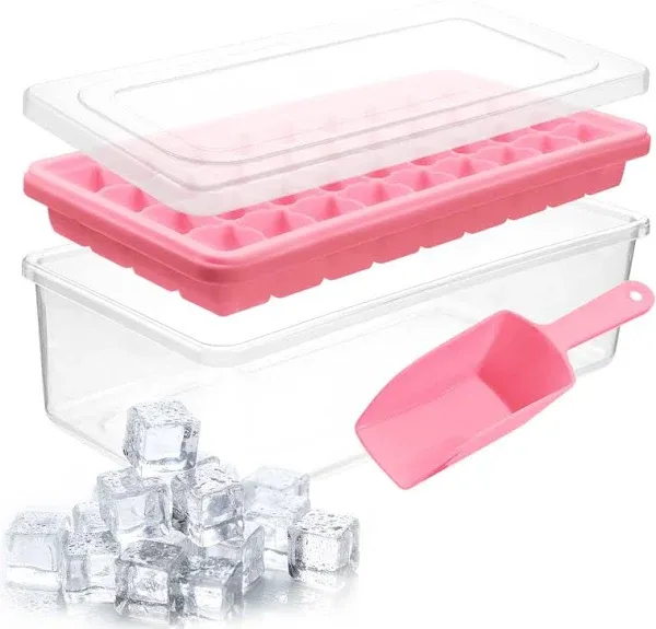 Ice Cube Tray With Lid & Bin | BPA Free Silicone Ice Cube Tray With Lid, Container & Scoop | Stackable 36 Nugget Ice Tray for Freezer With Easy Release | Large Ice Mold Maker for Cocktails & Whisky