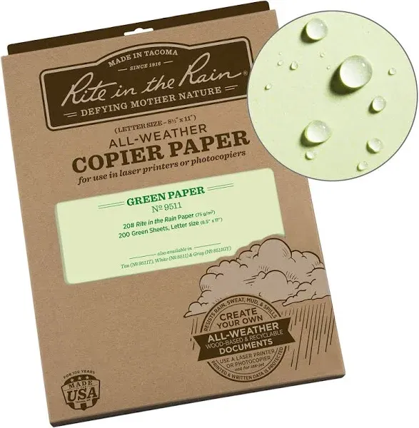 Rite In The Rain 9511 Copier Paper,8.5X11in<wbr/>,Green,Pk200