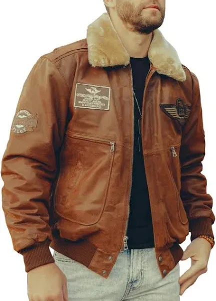 FLAVOR Men's Real Leather Bomber Jacket with Removable Fur Collar Aviator