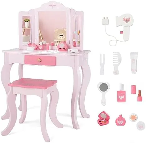 INFANS Kids Vanity, 2 in 1 Princess Makeup Table and Chair Set with Tri-Folding Detachable Mirror 10 Accessories Wooden Dressing Table, Beauty Pretend Play Vanity Set for Toddler Girls Gift (Pink)