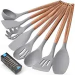 Zulay Kitchen 8 Piece Silicone Utensils Set with Natural Acacia Hardwood Handles, Gray