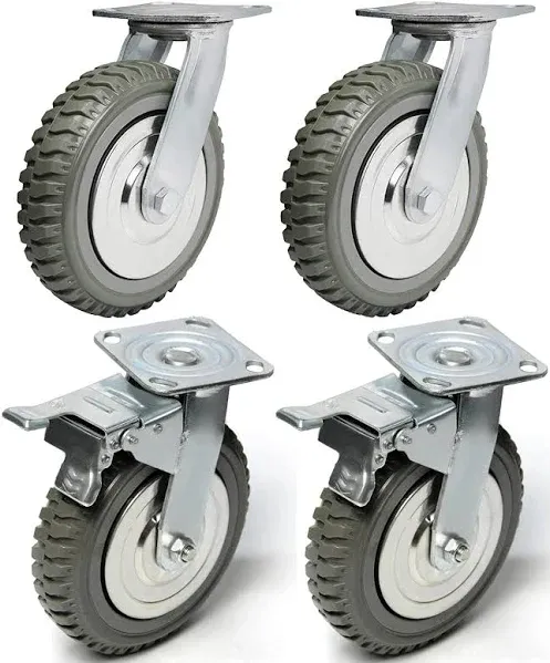 4 Pcs 8inch Industrial Castor Wheels, Heavy Duty Wear Resistant Aluminum Trolley, 2 pcs 360°Swivel Wheel with Brake, 2 pcs Fixed Wheel Without Brake, Load Capacity 1764LBS