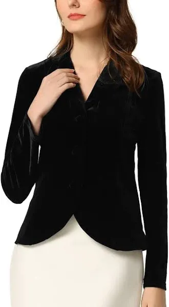 Allegra K Women's Notched Lapel Long Sleeve Button Velvet Blazer