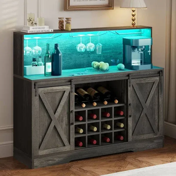 YITAHOME Farmhouse Coffee Bar Cabinet w/Power Outlets LED Lights 55" Sideboard Buffet Cabinet w/Sliding Barn Door Wine and Glass Rack Home Liquor Bar Cabinet with Storage Shelves for Kitchen, Grey