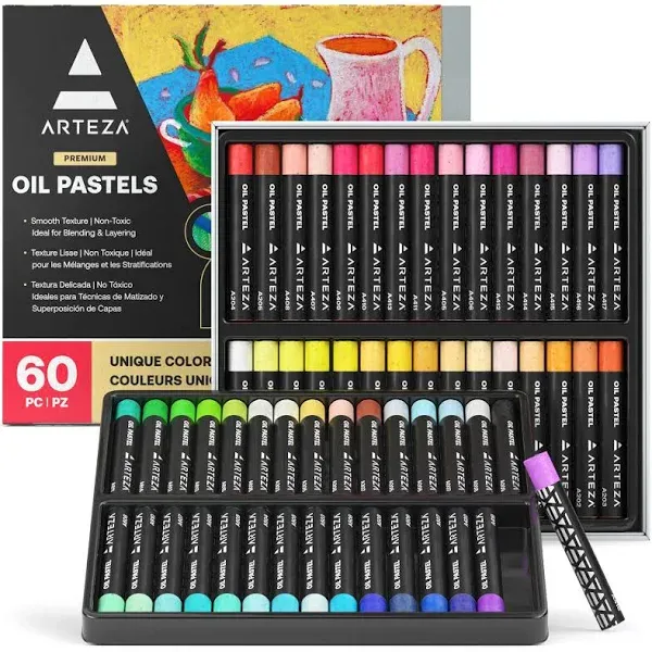 Arteza Oil Pastels for Artists, 60 Soft Oil Pastels in Assorted Colors, Pastel Crayons Artist Supplies for Blending and Smoothing