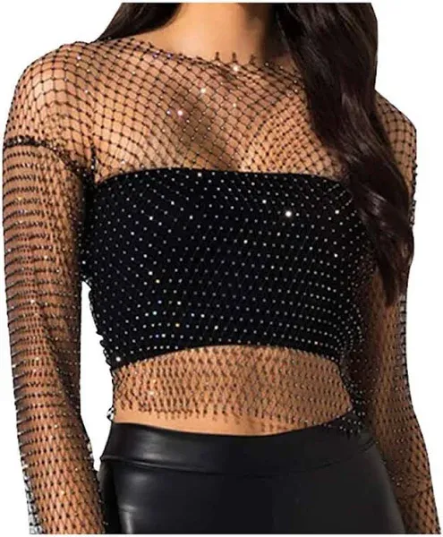 Fstrend Women's Long Sleeve Fishnet Crop Top