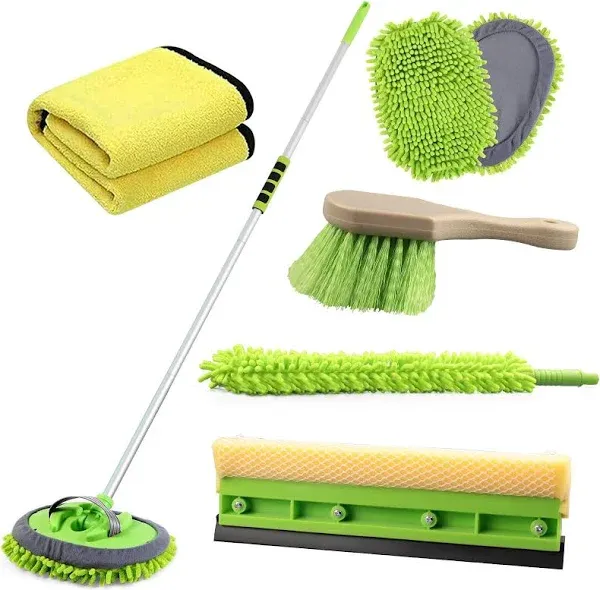 Car Wash Kit,Glass/Window Cleaner with 62" Extension Pole,Cleaning Kit with Soft Mop Sponge/Windshield Squeegee/Tire Brush/Duster/Microfiber Towels for Indoor/Outdoor Cars Shower Glass