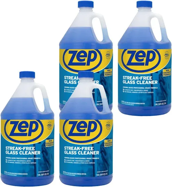 Zep Streak-Free Liquid Glass Cleaner, 128 Oz Bottle, Blue, Box Of 4