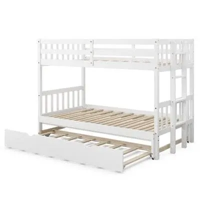 Costway Twin Over Twin Pull-Out Bunk Bed with Trundle and Wooden Ladder