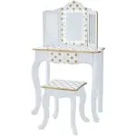 Teamson Kids - Fashion Polka Dot Prints Gisele Play Vanity Set with LED Mirror Light - White / Gold