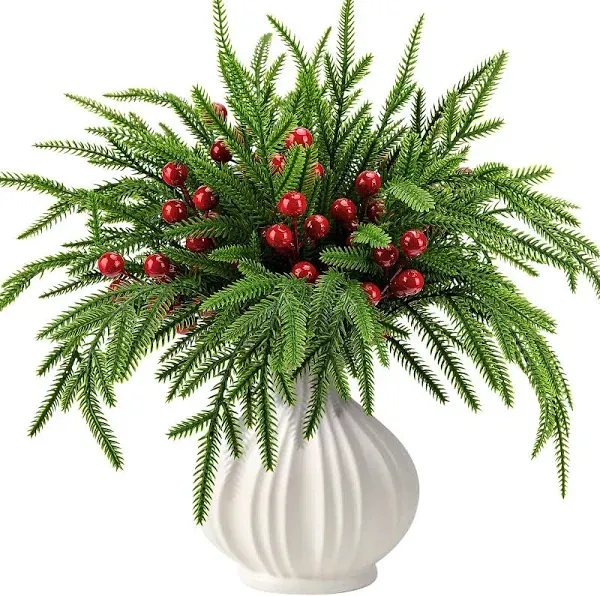 60 Pcs Christmas Artificial Pine Branches with Red Berry Stems- 10.5&#034; Faux Ev...