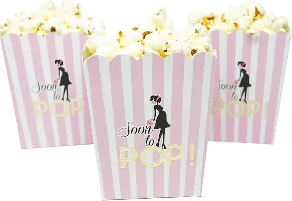 "Soon to Pop" Popcorn Favor Box for Baby Shower Party, Small Size, 20 Count by Chloe Elizabeth (Soft Pink)