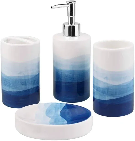 Rich Life Ceramic Bathroom Accessory Set - 4 Piece Painted Set incl. Soap Dispenser, Toothbrush Holder, Tumbler, Soap Dish (Blue)