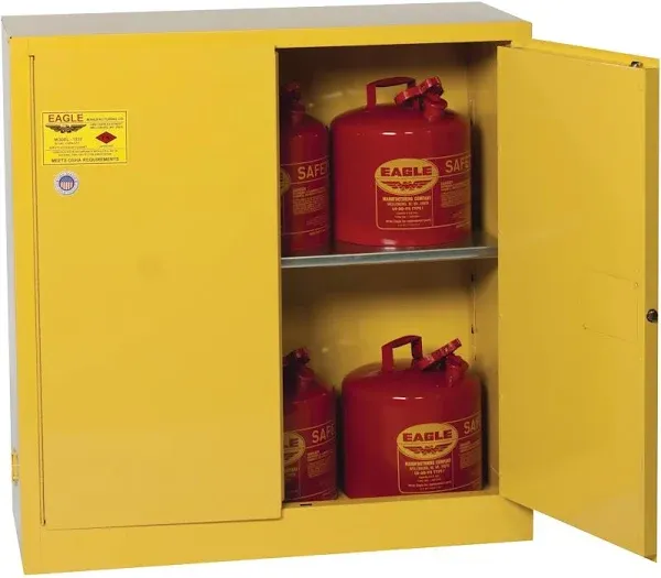 Eagle 30 Gallon Manual-Close Flammable Storage Cabinet, 18 Gauge Steel, 1 Shelf, 2 Door Fire Cabinet, 43" x 18" x 44", Made in the USA, Yellow, 1932X