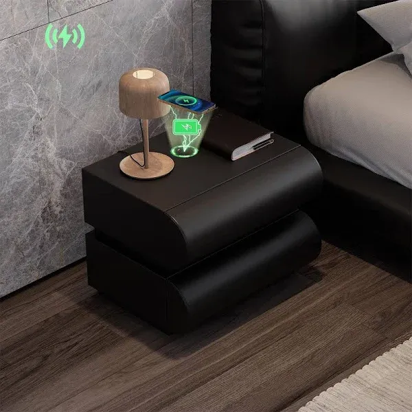 Homary Modern Leather Smart Nightstand with Wireless Charger 2 Drawers Bedside Table with USB & Type-C Ports