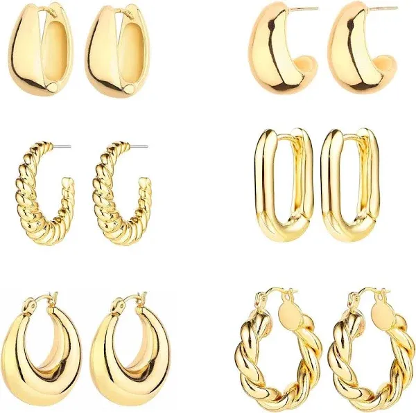 Gold Hoop Earring - Women 14K-6 Pairs Lightweight Chunky Hoop Earrings Multipack