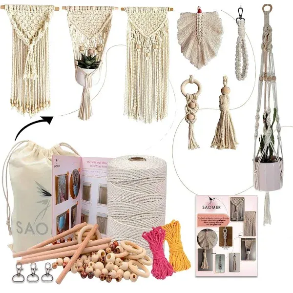 130 Pcs Macrame Kit for Beginners-219 Yards(657 Feet-3Mm) 7 Easy Macrame DIY Projects Book-Starter Kit Has Dowel,Beads,Rings,Keychains,Bag(Gift) - Perfect Macrame Starter Kits