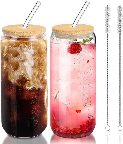 DAMCONME 20 oz Glass Cups with Lids and Straws (2Pcs)