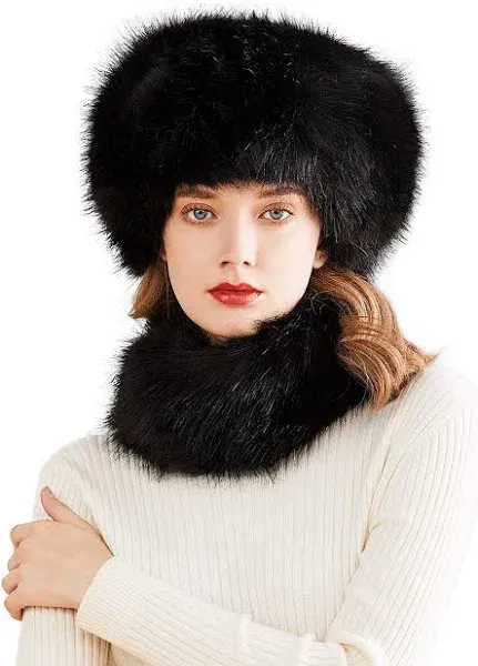 Lovful Faux Fur Women Russian Cossack Style Hat,Scarf Set for Ladies