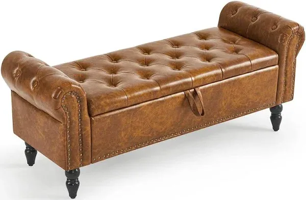 Furniliving Storage Ottoman Bench, Leather Bench End of Bed Bench with Solid Wood Legs Upholstered Ottoman Bench with Storage Indoor Bench for