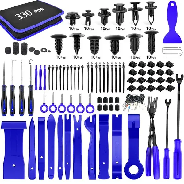 GOOACC 330Pcs Trim Removal Tool, Auto Push Pin Bumper Retainer Clip Set Fastener Terminal Remover Tool Adhesive Cable Clips Pry Kit Car Panel Radio Removal Auto Clip Pliers, Blue