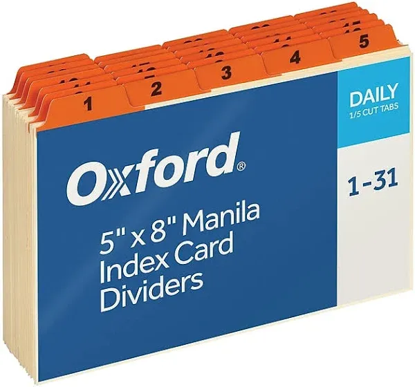 Laminated Tab Index Card Guides, Daily, 1/5 Tab, Manila, 5 x 8, 31/Set