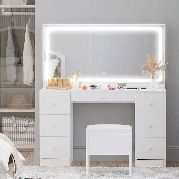 Latitude Run Makeup Vanity Desk with LED Lighted Mirror, Power Outlet, and 7 Drawers