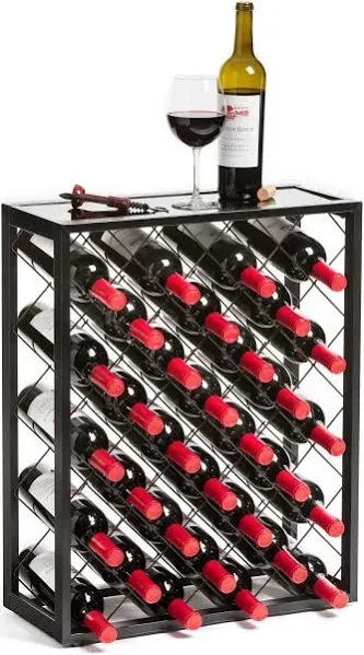 Mango Steam 32 Bottle Gray Wine Rack with Glass Top Shelf, Free Standing for Home, Kitchen and Bar