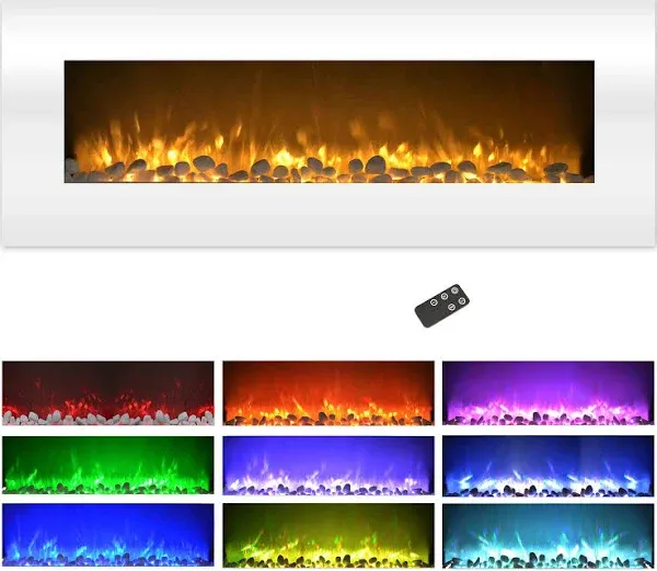 Electric Fireplace - 50 Inch Wall Mounted Fireplace with 10-Color LED Flames, 3 Backgrounds, Adjustable Brightness, and Remote by Northwest (White)